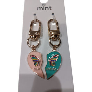 Best Friends Shared Heart Keychain Purse Charm Belt Loop Charm with Butterflies